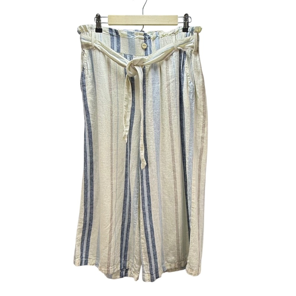 Rewash Striped Wide Leg Pants L Cream Blue Linen Blend‎ Paperbag Waist Coastal